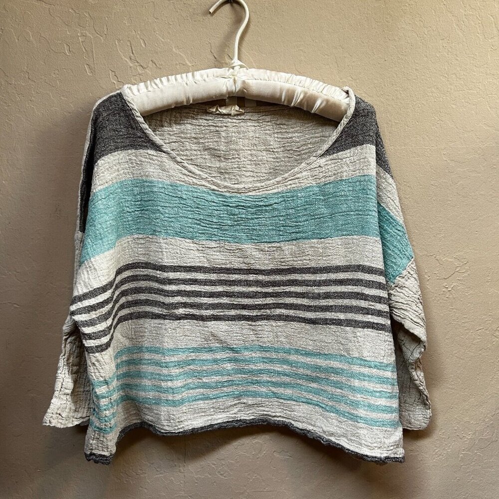 Luukaa Women's Size 14 Boxy Top Long Sleeve Crinkle Linen Gauze T-Shirt Striped